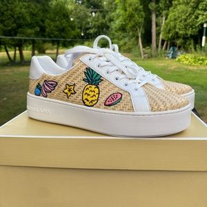 Michael Kors Poppy Lace Up Sneaker (Straw Weave with Fruit Patch Design)